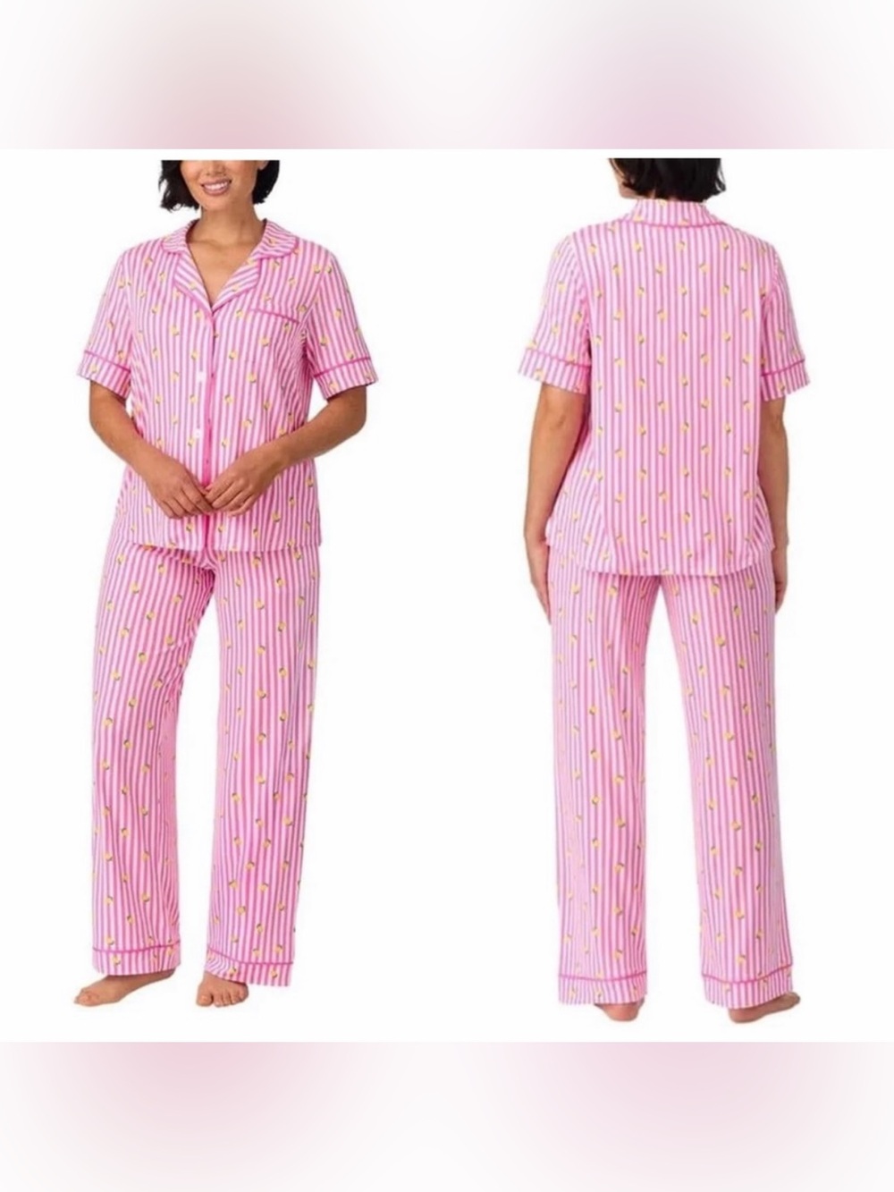 NWOT Room Service Hot Pink Stripe Lemons Short Sleeve & Pants PJ Set | SZ M